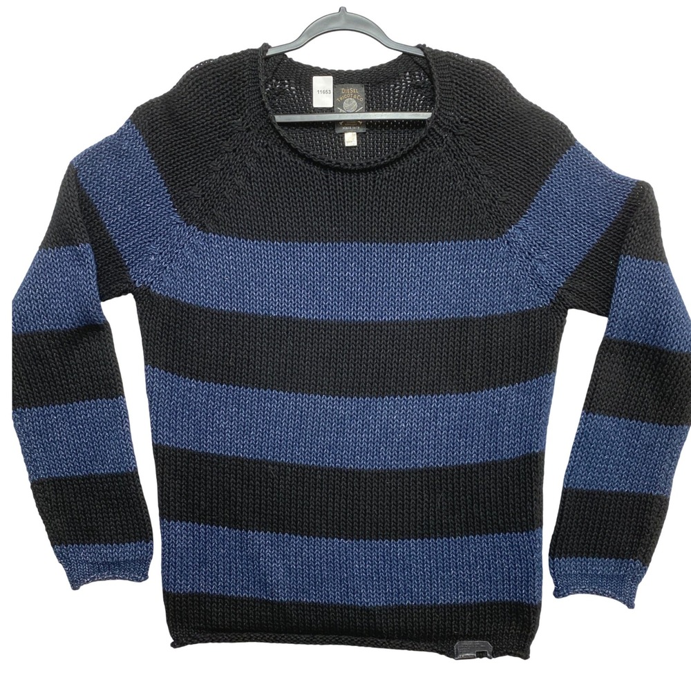 Diesel Sweater Mens XL Black Blue Striped Chunky Knit Raglan Sleeve Tricot & Co